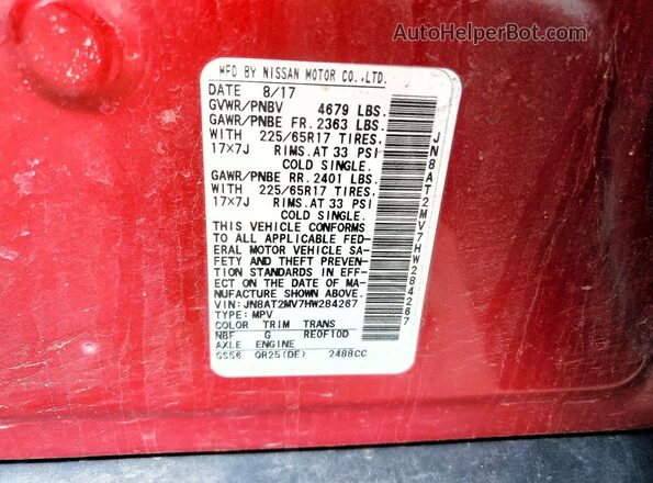 JN8AT2MV7HW284267 2017 NISSAN ROGUE Red Widok naklejki z numerem VIN