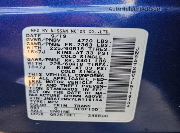 JN8AT2MV7LW116184 2020 NISSAN ROGUE Blue VIN կոդի պիտակի տեսք