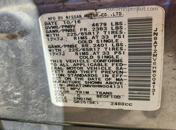 JN8AT2MV8HW004131 2017 NISSAN ROGUE Gray Vista de la etiqueta del VIN