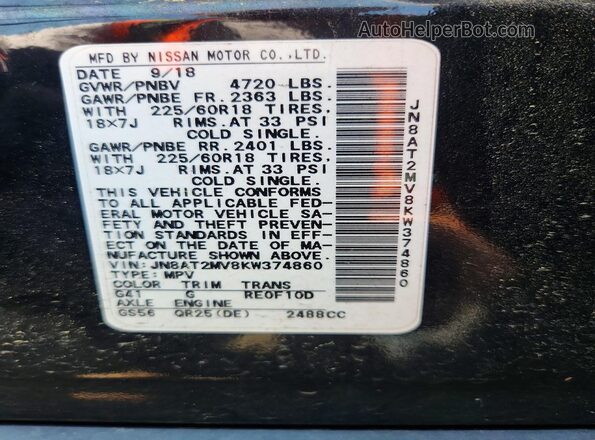 JN8AT2MV8KW374860 2019 NISSAN ROGUE Black Widok naklejki z numerem VIN