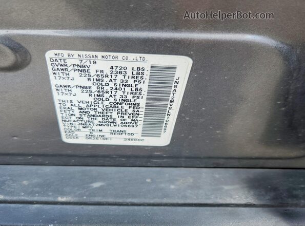 JN8AT2MV8LW106697 2020 NISSAN ROGUE Gray Widok naklejki z numerem VIN