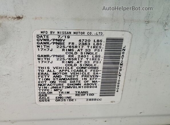 JN8AT2MV8LW108904 2020 NISSAN ROGUE White 360 interior view