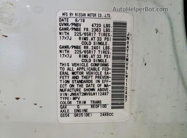 JN8AT2MV8LW112497 2020 NISSAN ROGUE White Vista de la etiqueta del VIN