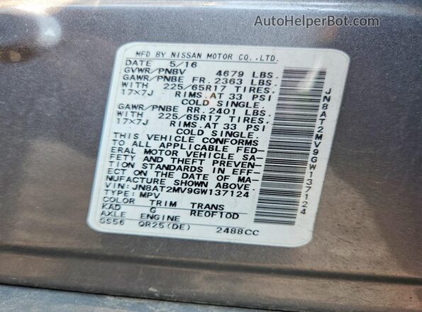 JN8AT2MV9GW137124 2016 NISSAN ROGUE Silver Vista de la etiqueta del VIN
