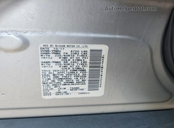 JN8AT2MV9JW305366 2018 NISSAN ROGUE Silver VIN კოდის სტიკერის ხედი