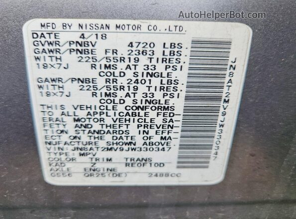 JN8AT2MV9JW330347 2018 NISSAN ROGUE Gray Вид наклейки з VIN-кодом