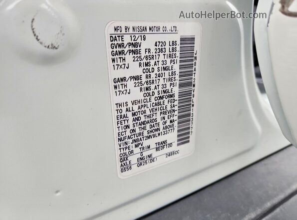 JN8AT2MV9LW133777 2020 NISSAN ROGUE White Vista interior de 360 grados