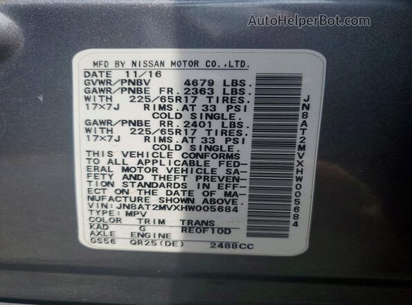 JN8AT2MVXHW005684 2017 NISSAN ROGUE Silver VIN კოდის სტიკერის ხედი
