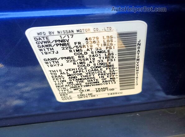JN8AT2MVXHW018113 2017 NISSAN ROGUE Blue VIN კოდის სტიკერის ხედი