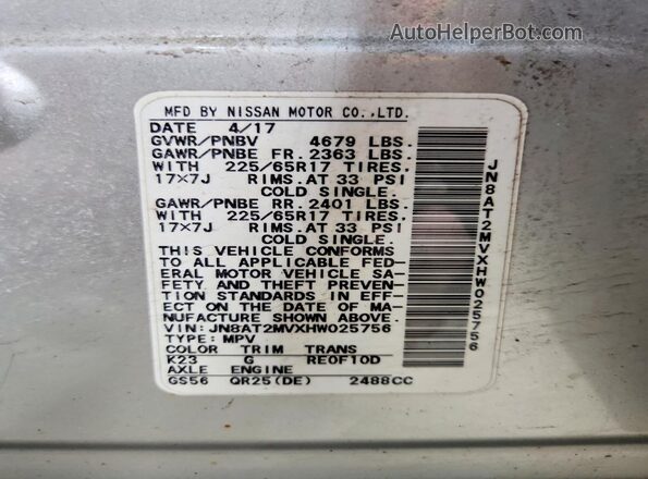 JN8AT2MVXHW025756 2017 NISSAN ROGUE Silver Widok naklejki z numerem VIN