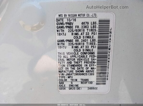 JN8AT2MVXHW251389 2017 NISSAN ROGUE White Вид підкапотного простору