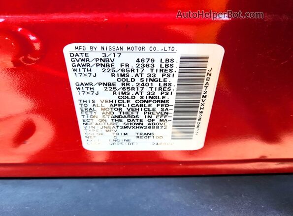 JN8AT2MVXHW268872 2017 NISSAN ROGUE Red Widok naklejki z numerem VIN