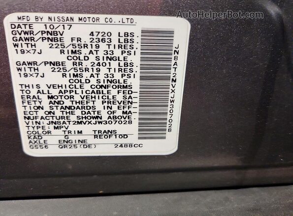 JN8AT2MVXJW307028 2018 NISSAN ROGUE Gray Widok naklejki z numerem VIN