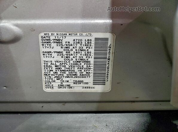 JN8AT2MVXJW309877 2018 NISSAN ROGUE Silver Widok naklejki z numerem VIN