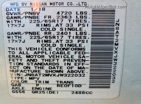 JN8AT2MVXJW322032 2018 NISSAN ROGUE White VIN sticker view