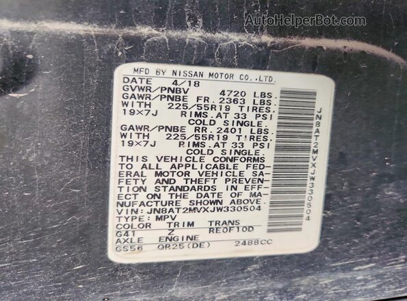 JN8AT2MVXJW330504 2018 NISSAN ROGUE Black VIN sticker view