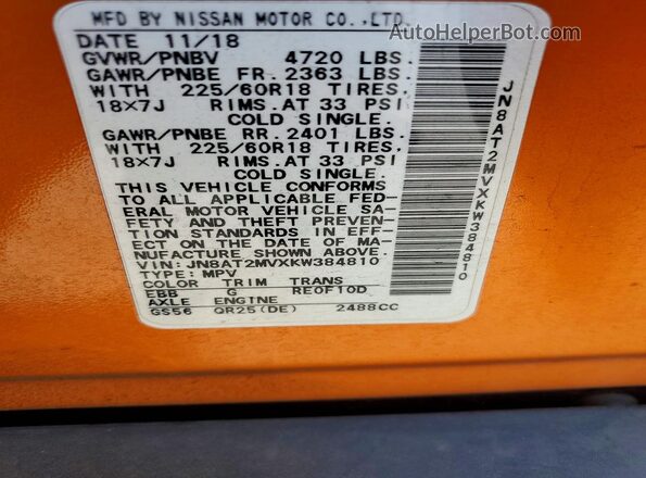 JN8AT2MVXKW384810 2019 NISSAN ROGUE Orange Widok naklejki z numerem VIN