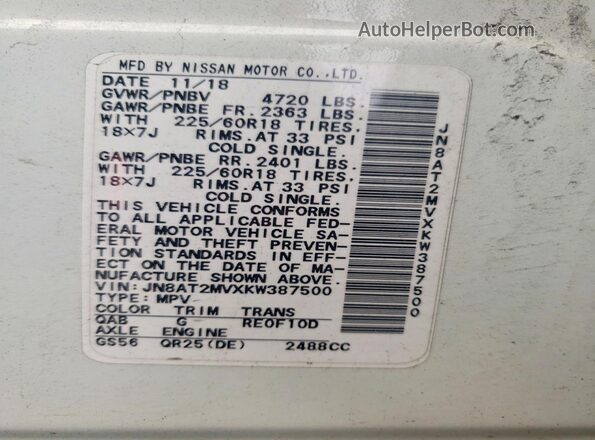 JN8AT2MVXKW387500 2019 NISSAN ROGUE White 