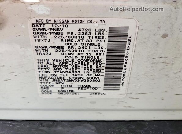 JN8AT2MVXKW390803 2019 NISSAN ROGUE White VIN კოდის სტიკერის ხედი