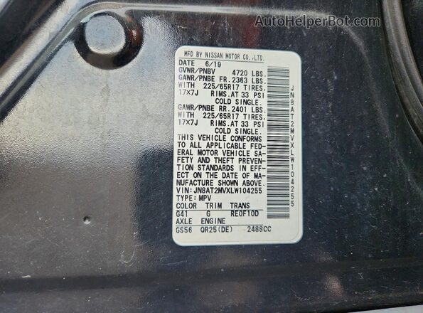 JN8AT2MVXLW104255 2020 NISSAN ROGUE Black Widok naklejki z numerem VIN