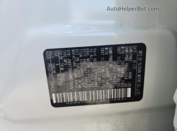 JN8AT3BA2MW013925 2021 NISSAN ROGUE White VIN sticker view