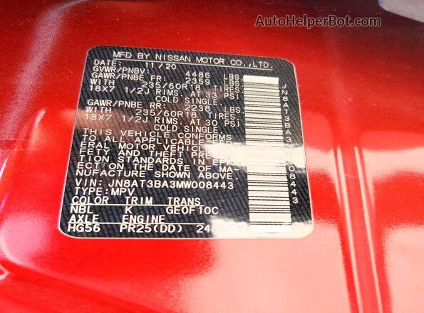 JN8AT3BA3MW008443 2021 NISSAN ROGUE Red Widok naklejki z numerem VIN
