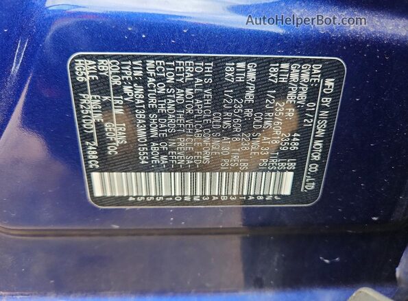 JN8AT3BA3MW015554 2021 NISSAN ROGUE Blue Vista de la etiqueta del VIN