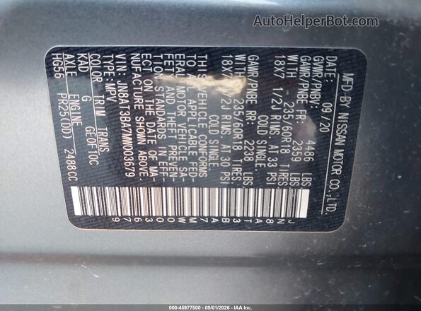 JN8AT3BA7MW003679 2021 NISSAN ROGUE Gray Engine compartment view