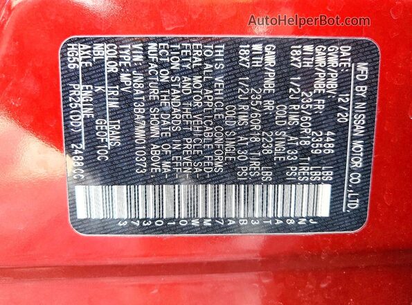 JN8AT3BA7MW010373 2021 NISSAN ROGUE Red VIN կոդի պիտակի տեսք