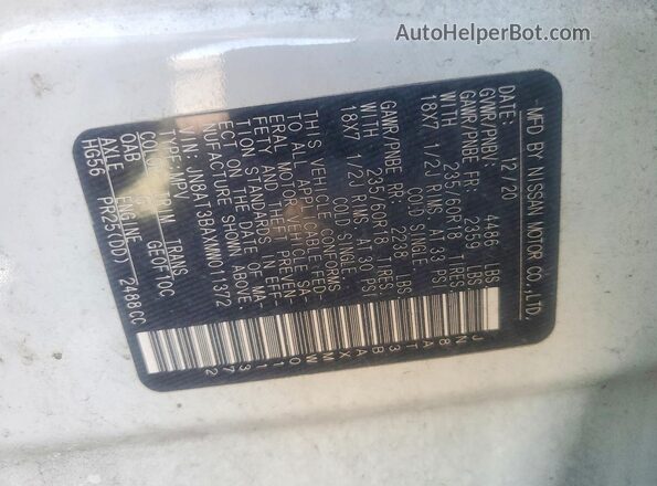 JN8AT3BAXMW011372 2021 NISSAN ROGUE Белый Вид наклейки с VIN-кодом