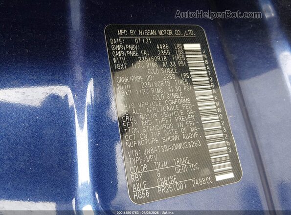 JN8AT3BAXMW023263 2021 NISSAN ROGUE Синий Вид подкапотного пространства
