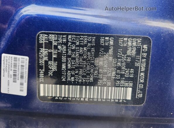 JN8AT3BB1MW217124 2021 NISSAN ROGUE Blue 360 interior view