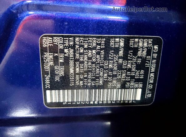 JN8AT3BB8MW223115 2021 NISSAN ROGUE Blue Widok naklejki z numerem VIN