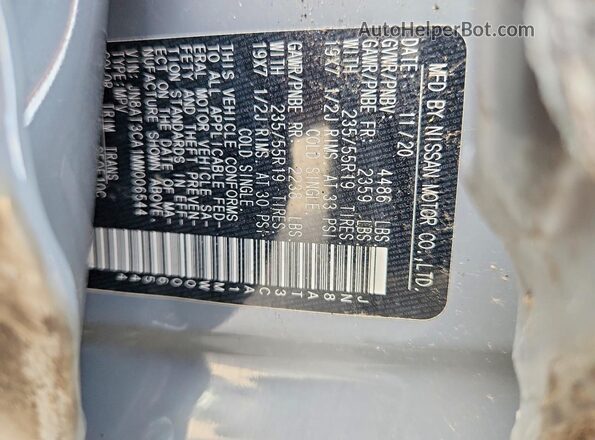 JN8AT3CA1MW006544 2021 NISSAN ROGUE Gray Вид наклейки з VIN-кодом