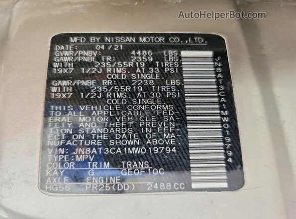 JN8AT3CA1MW019794 2021 NISSAN ROGUE Silver VIN կոդի պիտակի տեսք