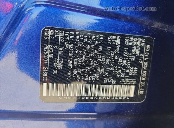JN8AT3CA2MW014670 2021 NISSAN ROGUE Blue Widok komory silnika