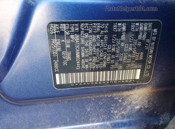 JN8AT3CA8MW024443 2021 NISSAN ROGUE Blue VIN կոդի պիտակի տեսք