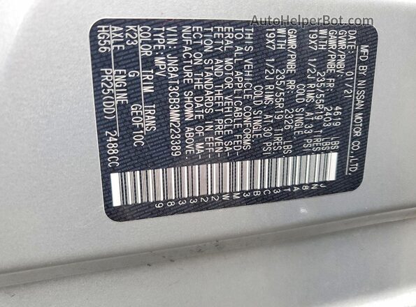 JN8AT3CB3MW223389 2021 NISSAN ROGUE Silver Панорамний вид салону 360°