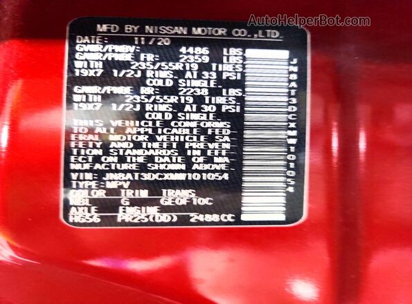 JN8AT3DCXMW101054 2021 NISSAN ROGUE Maroon Engine compartment view