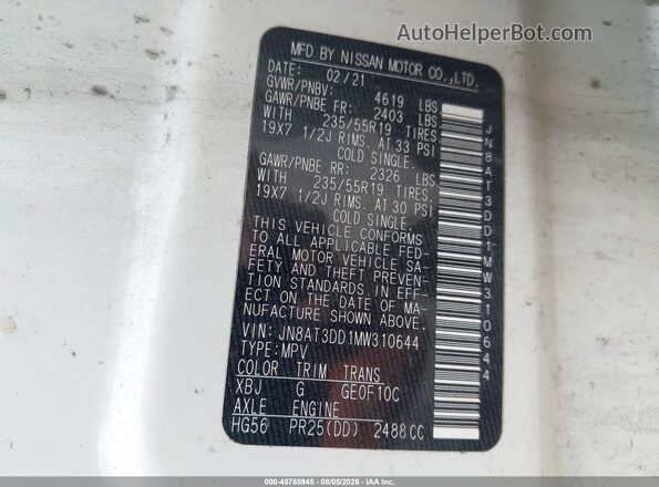 JN8AT3DD1MW310644 2021 NISSAN ROGUE White Vista del compartimento del motor