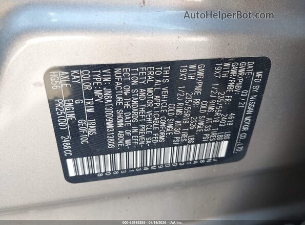 JN8AT3DD9MW313808 2021 NISSAN ROGUE Silver ძრავის განყოფილების ხედი