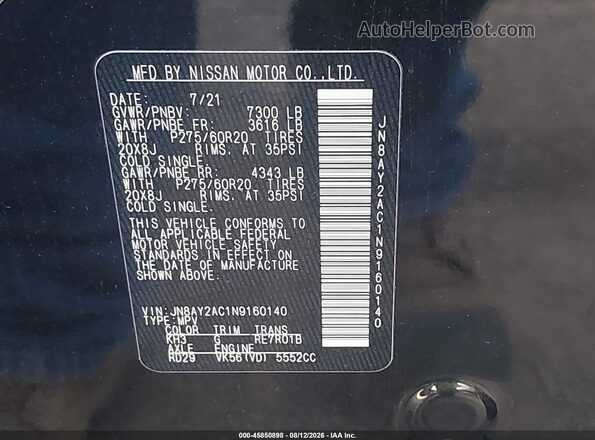 JN8AY2AC1N9160140 2022 NISSAN ARMADA Black Vista del compartimento del motor