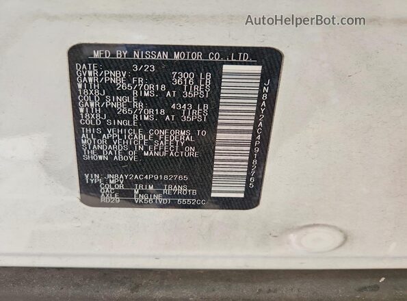 JN8AY2AC4P9182765 2023 NISSAN ARMADA Белый Вид наклейки с VIN-кодом