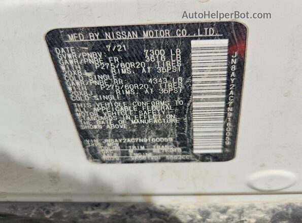 JN8AY2AC7N9160059 2022 NISSAN ARMADA White 360 interior view