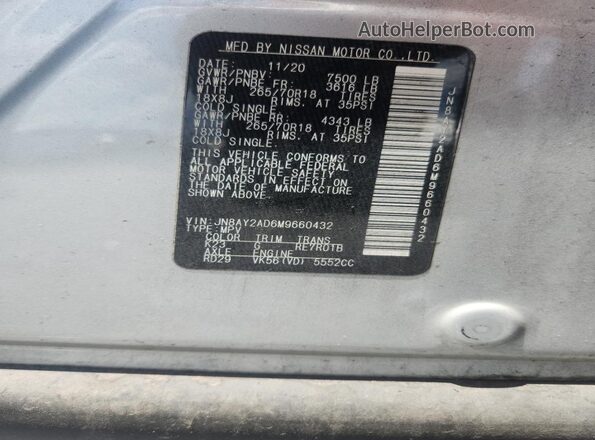 JN8AY2AD6M9660432 2021 NISSAN ARMADA Серый Вид наклейки с VIN-кодом