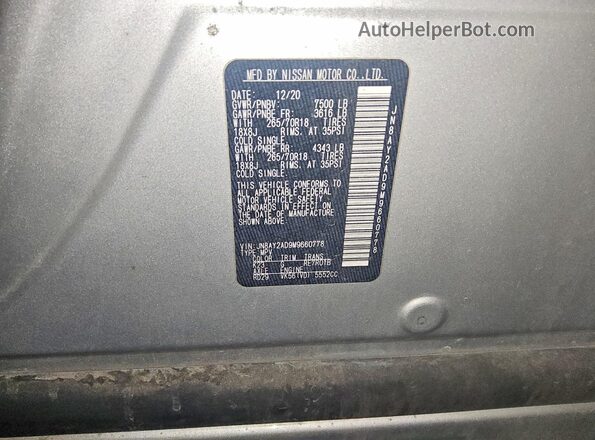 JN8AY2AD9M9660778 2021 NISSAN ARMADA Silver Widok naklejki z numerem VIN