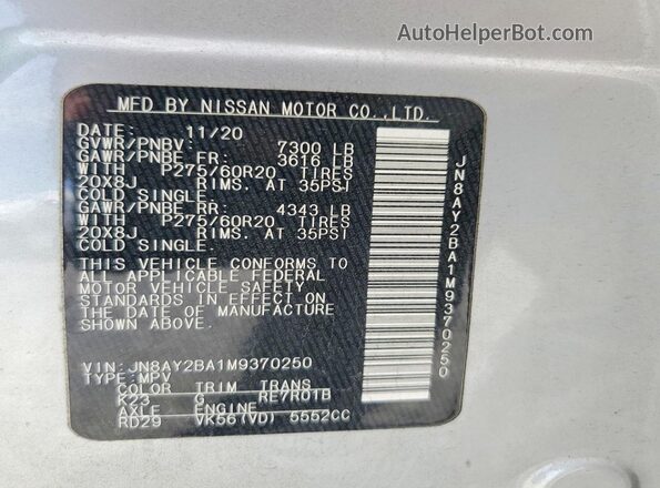 JN8AY2BA1M9370250 2021 NISSAN ARMADA Silver Vista de la etiqueta del VIN