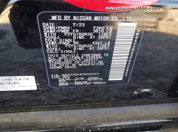 JN8AY2BA3P9405844 2023 NISSAN ARMADA Black VIN կոդի պիտակի տեսք