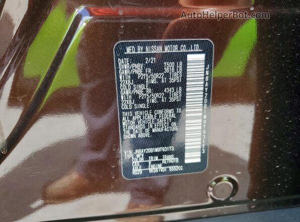 JN8AY2DB1M9793173 2021 NISSAN ARMADA Brown Vista de la etiqueta del VIN