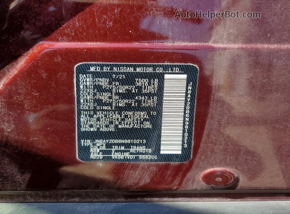 JN8AY2DB6N9810213 2022 NISSAN ARMADA Красный Вид наклейки с VIN-кодом